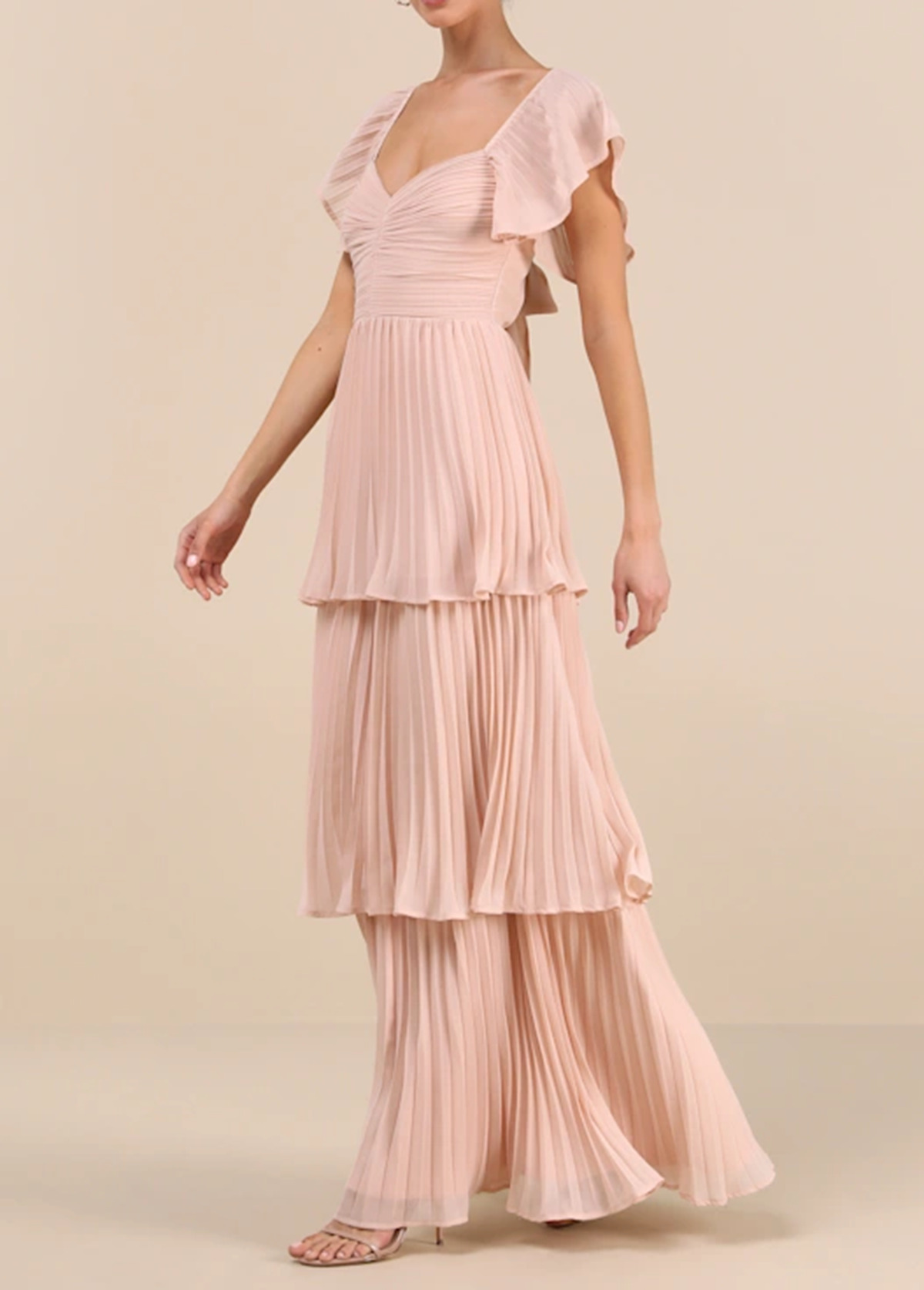 High-Waist Slimming Pleated Flutter Sleeve Maxi Dress