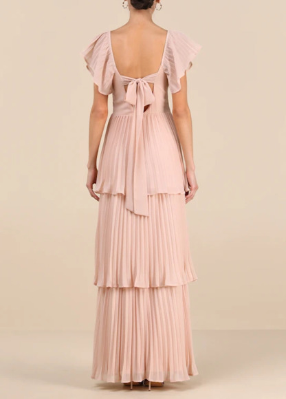 High-Waist Slimming Pleated Flutter Sleeve Maxi Dress