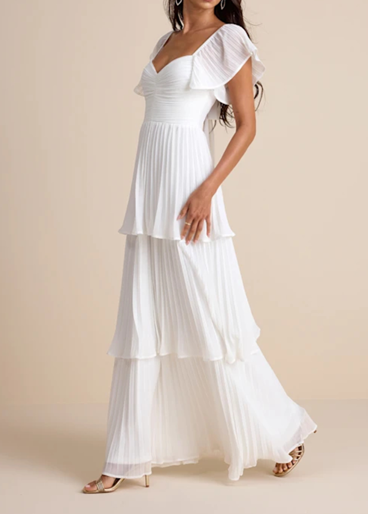 High-Waist Slimming Pleated Flutter Sleeve Maxi Dress