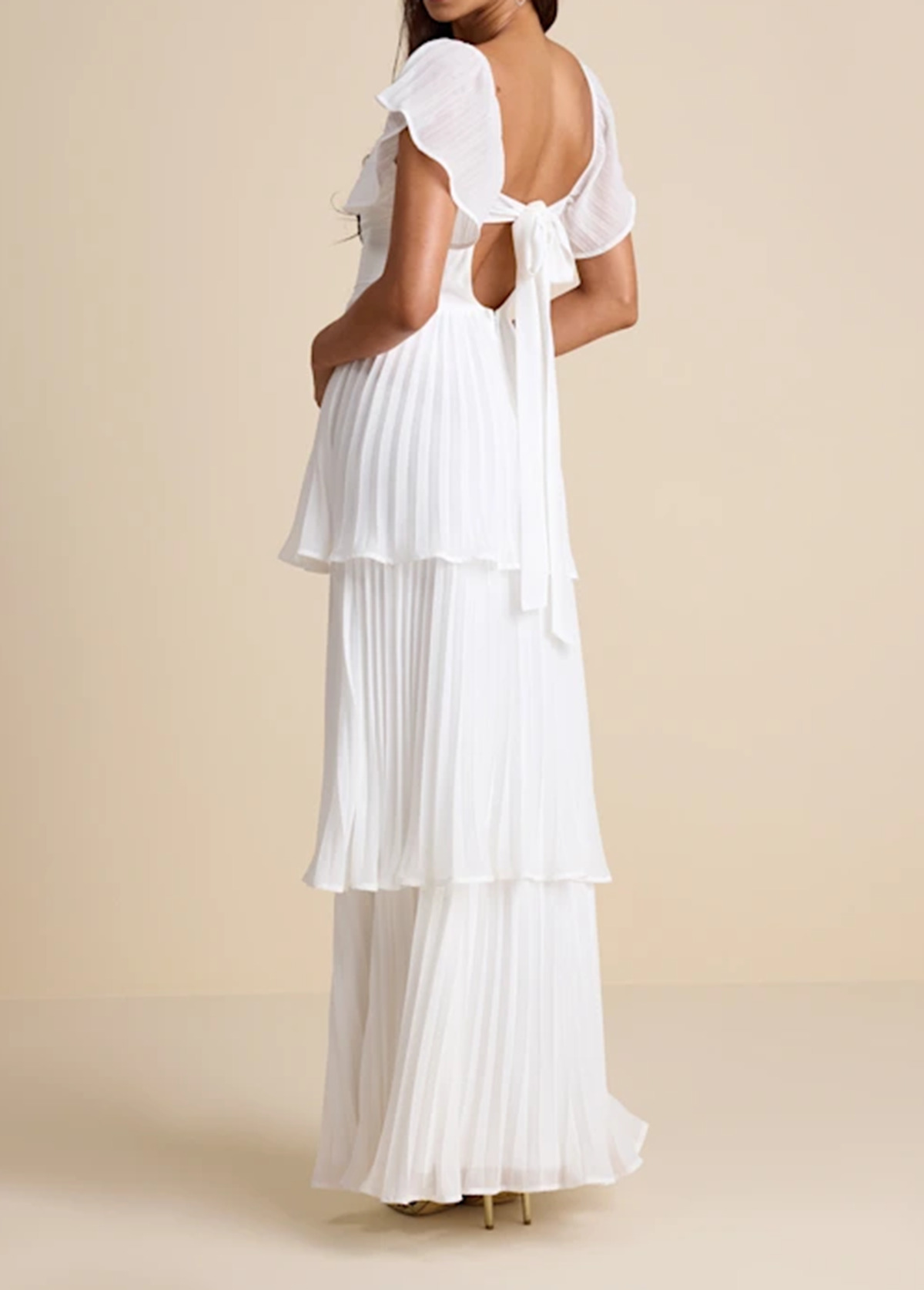 High-Waist Slimming Pleated Flutter Sleeve Maxi Dress