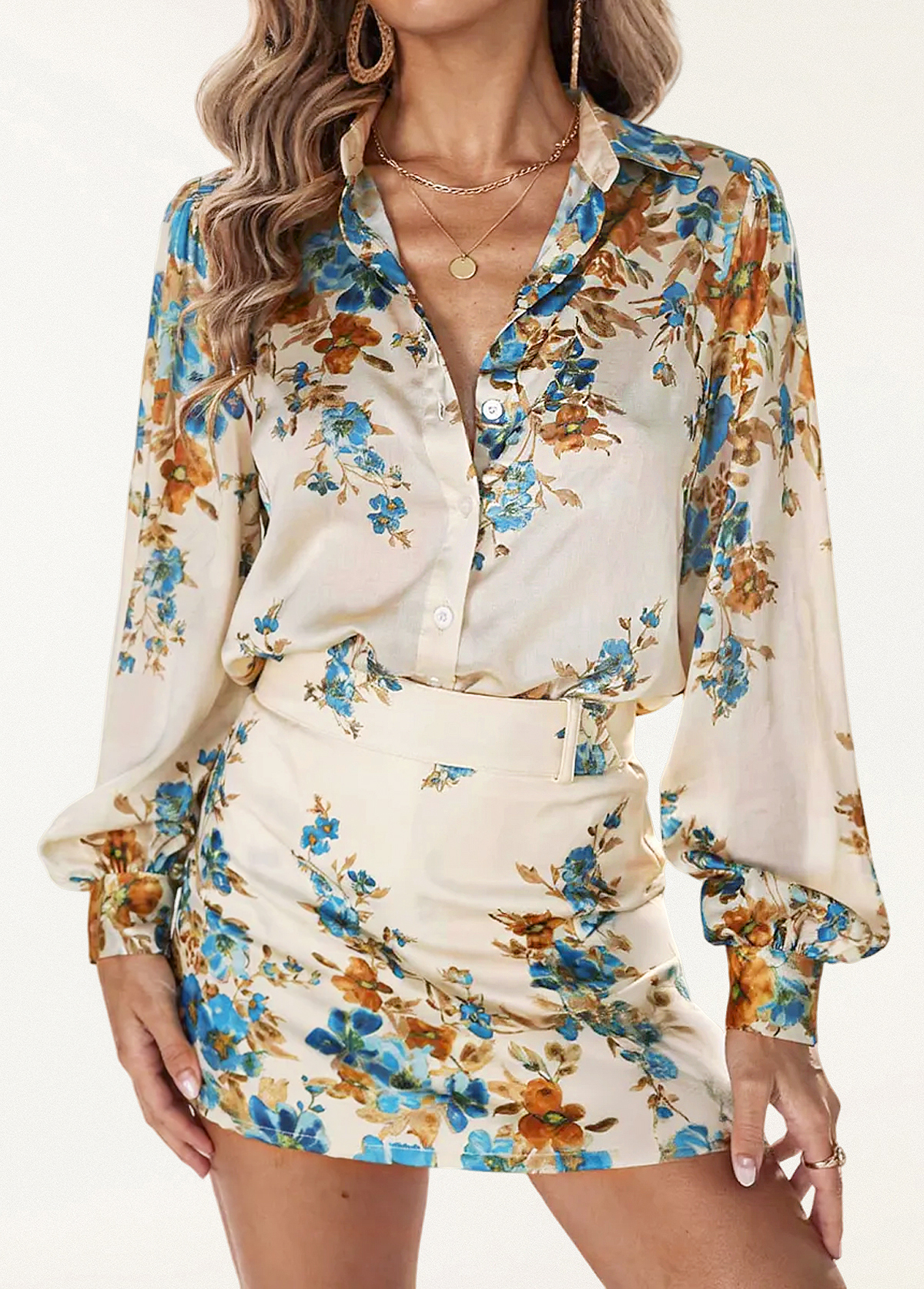Romantic Draped Floral Print Button Up Top