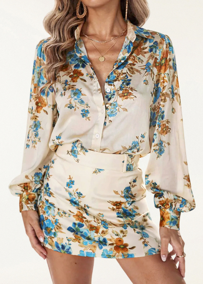 Romantic Draped Floral Print Button Up Top