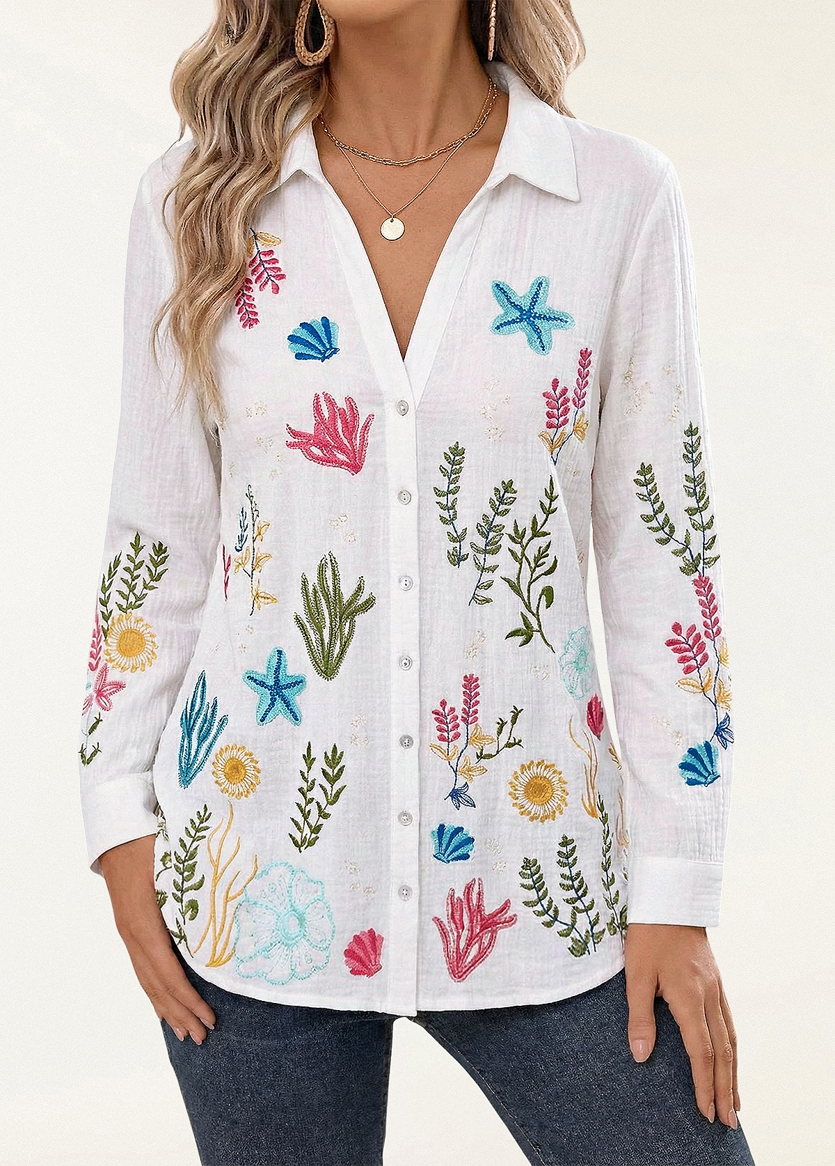 Slimming Textured Embroidered Beach Organisms Tunic Shirt