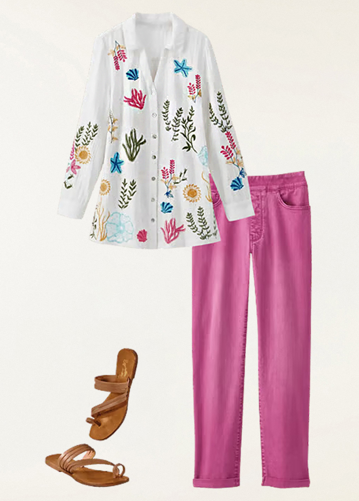 Slimming Textured Embroidered Beach Organisms Tunic Shirt