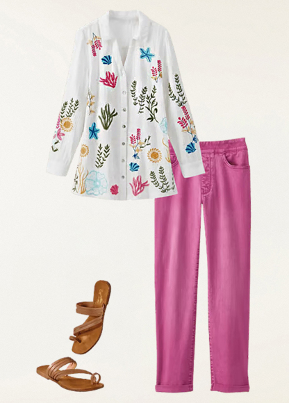 Slimming Textured Embroidered Beach Organisms Tunic Shirt