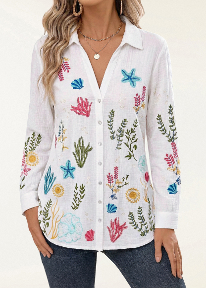 Slimming Textured Embroidered Beach Organisms Tunic Shirt