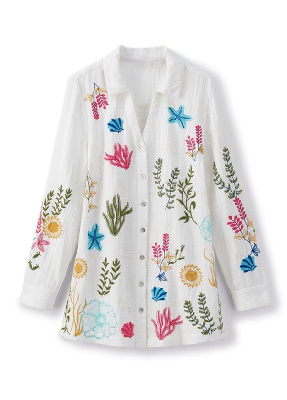 Slimming Textured Embroidered Beach Organisms Tunic Shirt