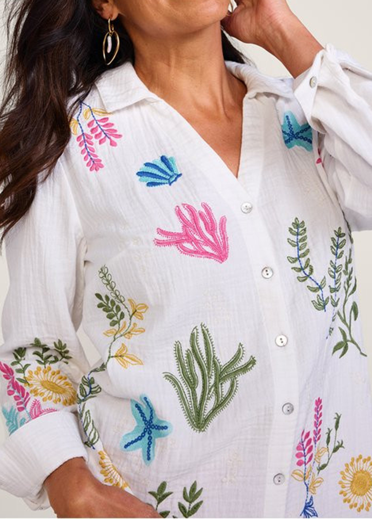 Slimming Textured Embroidered Beach Organisms Tunic Shirt