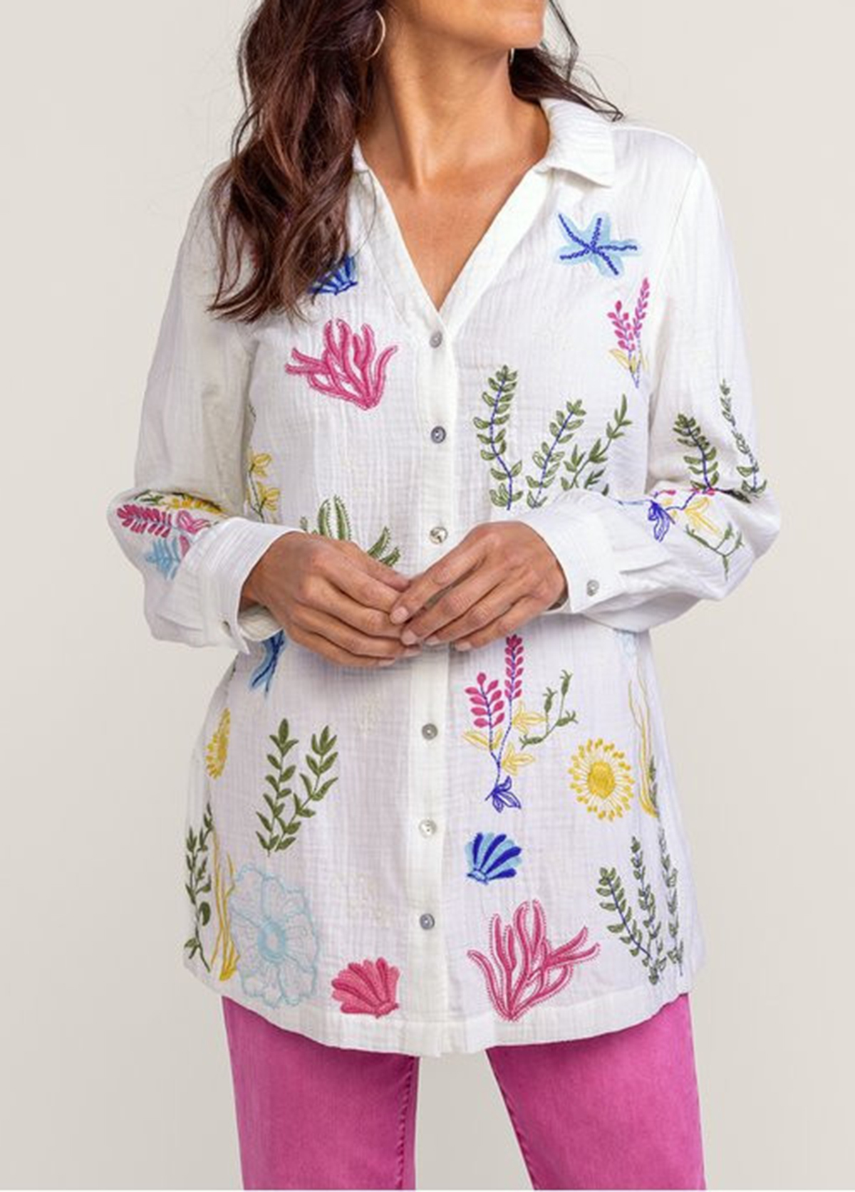 Slimming Textured Embroidered Beach Organisms Tunic Shirt