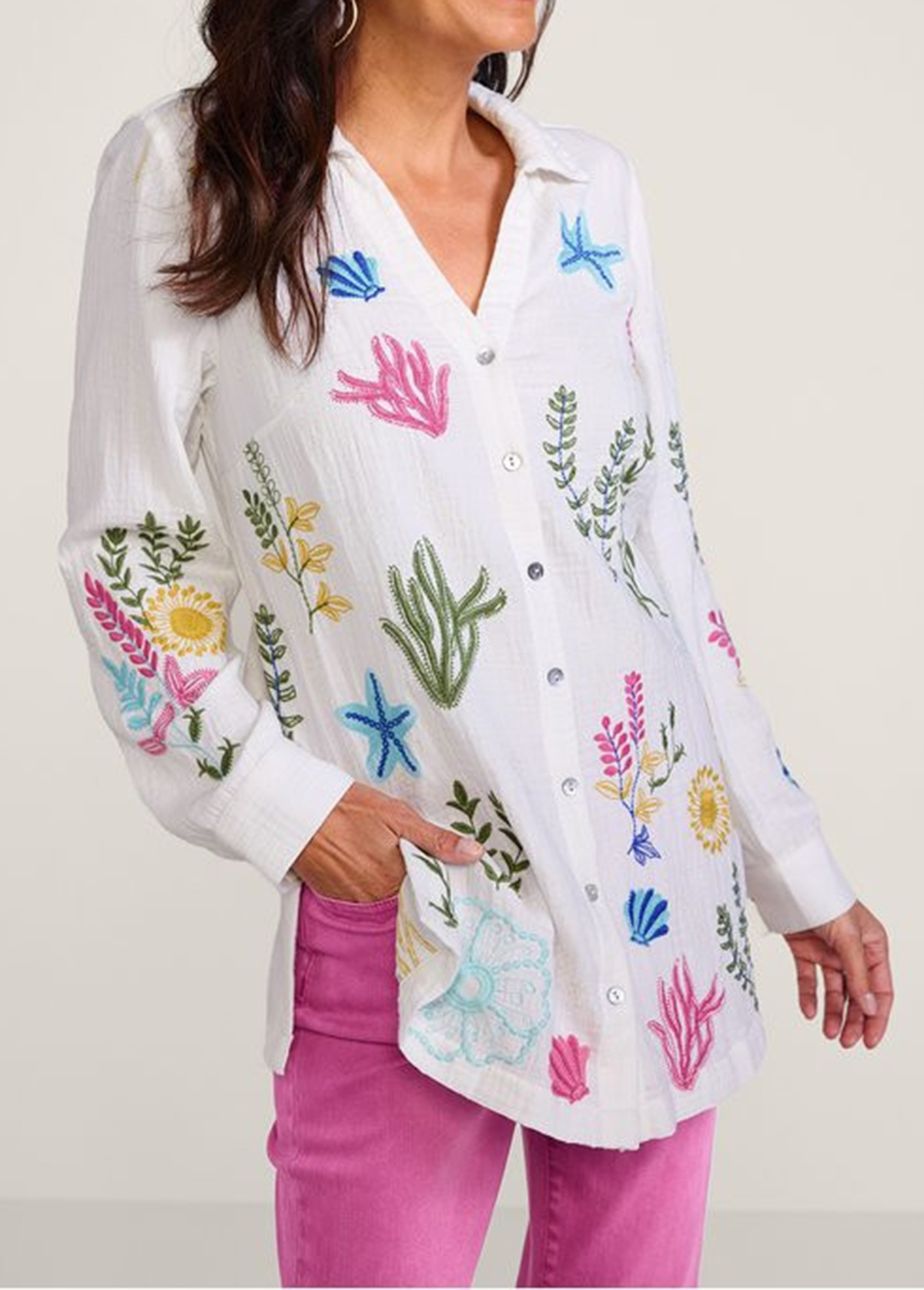 Slimming Textured Embroidered Beach Organisms Tunic Shirt