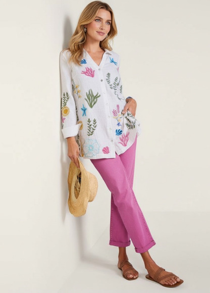 Slimming Textured Embroidered Beach Organisms Tunic Shirt