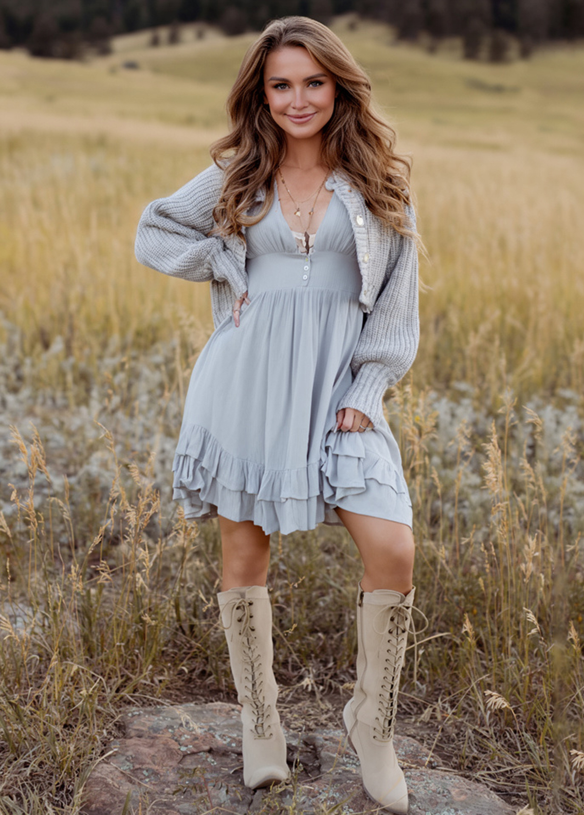 Waisted Slimming Flowing Bohemian Ruffled Dress