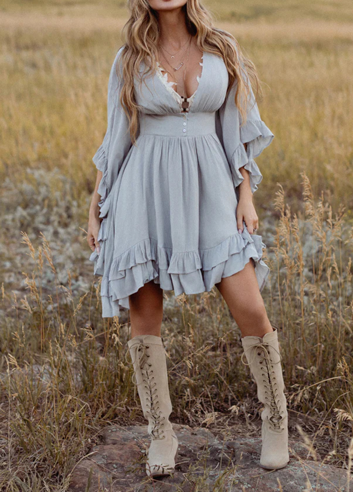 Waisted Slimming Flowing Bohemian Ruffled Dress