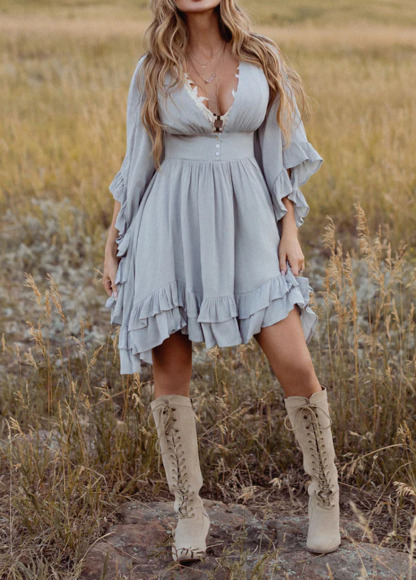 Waisted Slimming Flowing Bohemian Ruffled Dress
