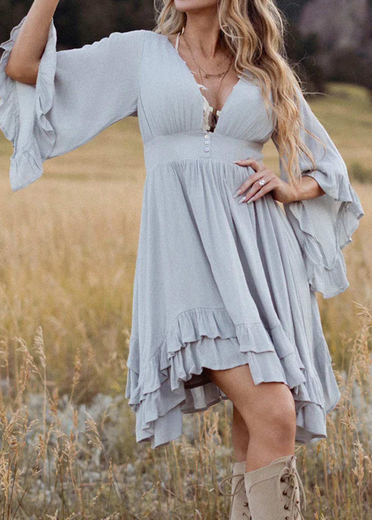 Waisted Slimming Flowing Bohemian Ruffled Dress