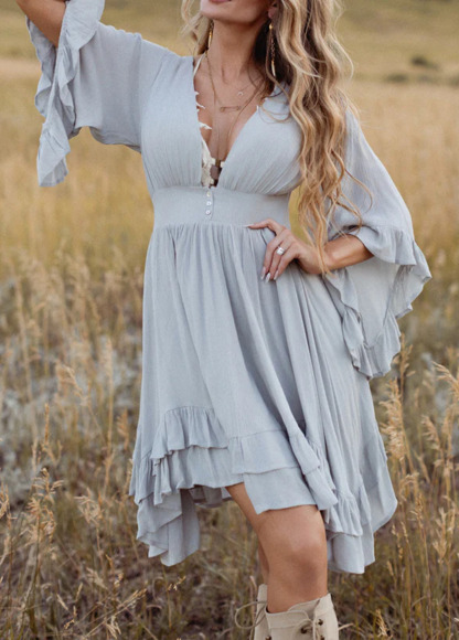 Waisted Slimming Flowing Bohemian Ruffled Dress