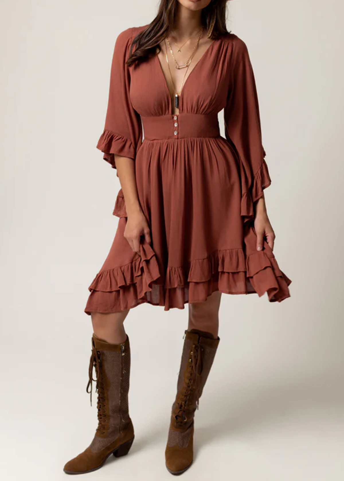 Waisted Slimming Flowing Bohemian Ruffled Dress
