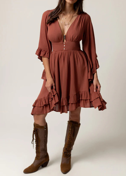 Waisted Slimming Flowing Bohemian Ruffled Dress