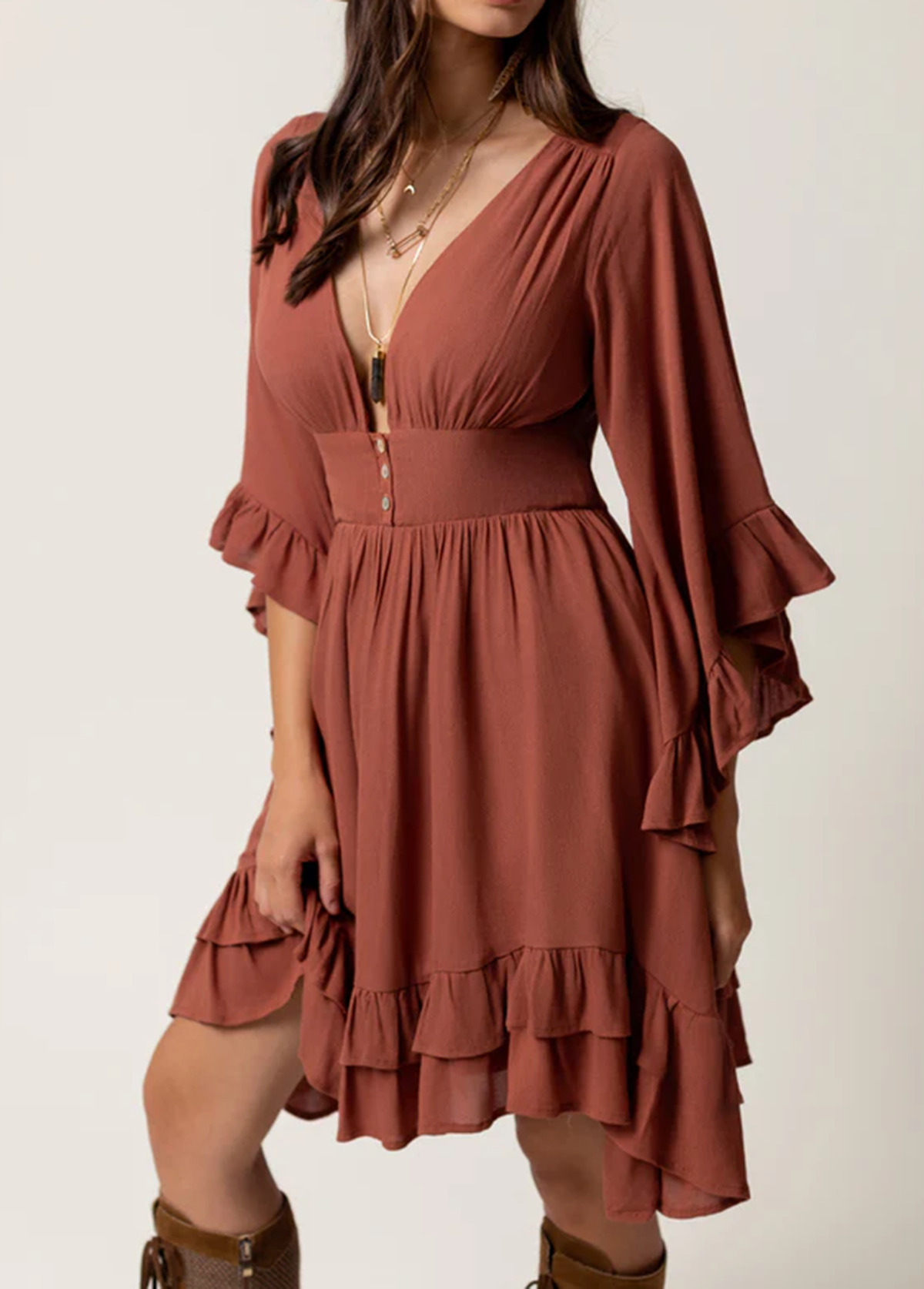 Waisted Slimming Flowing Bohemian Ruffled Dress
