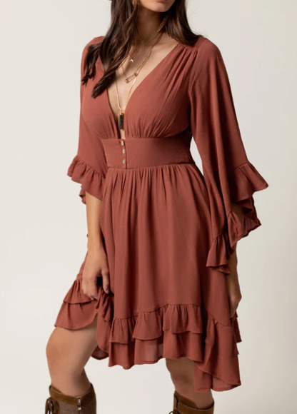Waisted Slimming Flowing Bohemian Ruffled Dress