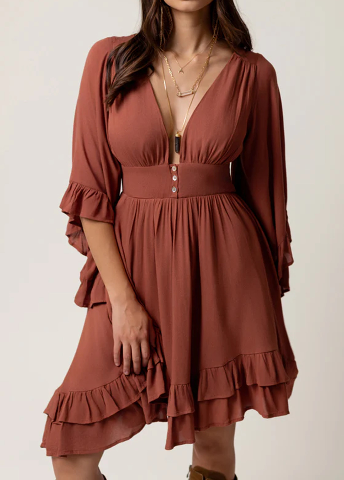 Waisted Slimming Flowing Bohemian Ruffled Dress