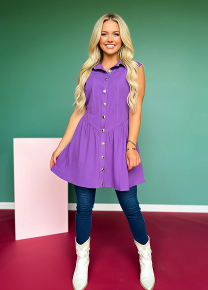 Waisted Slimming Denim Button-Down Tunic