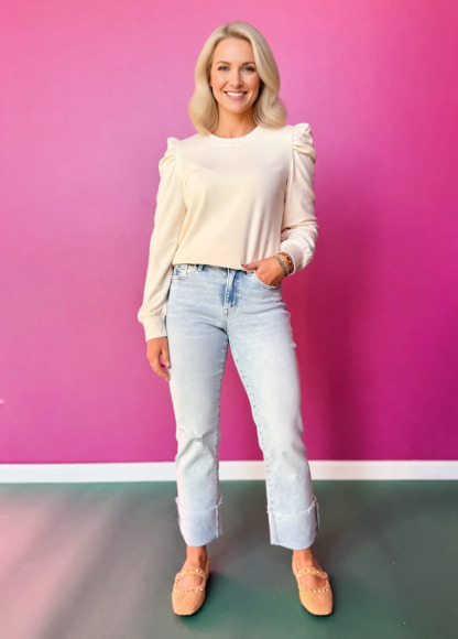 Cozy Basic Stretch Puff-Sleeved Top