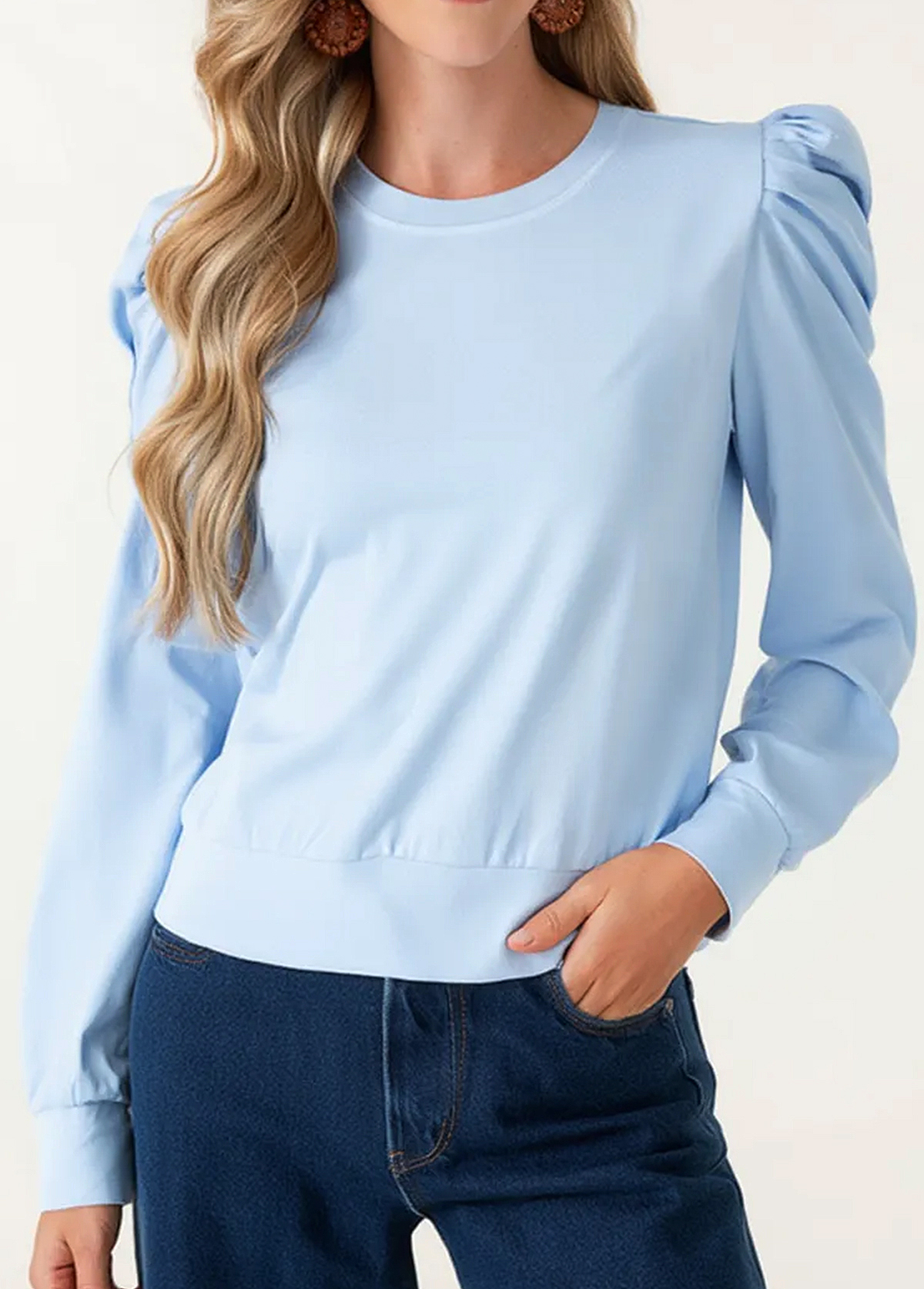 Cozy Basic Stretch Puff-Sleeved Top