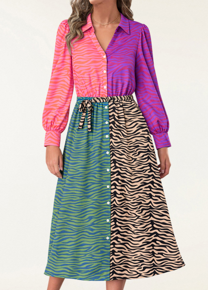Mixed-Color Animal Print Dress With Puff Sleeves