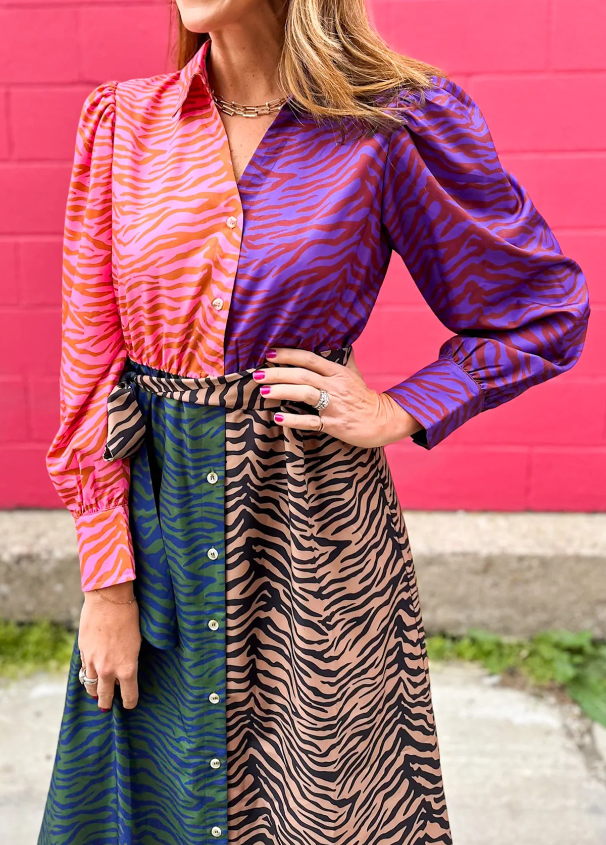 Mixed-Color Animal Print Dress With Puff Sleeves