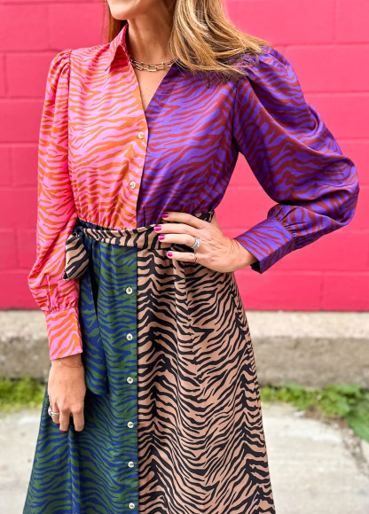 Mixed-Color Animal Print Dress With Puff Sleeves