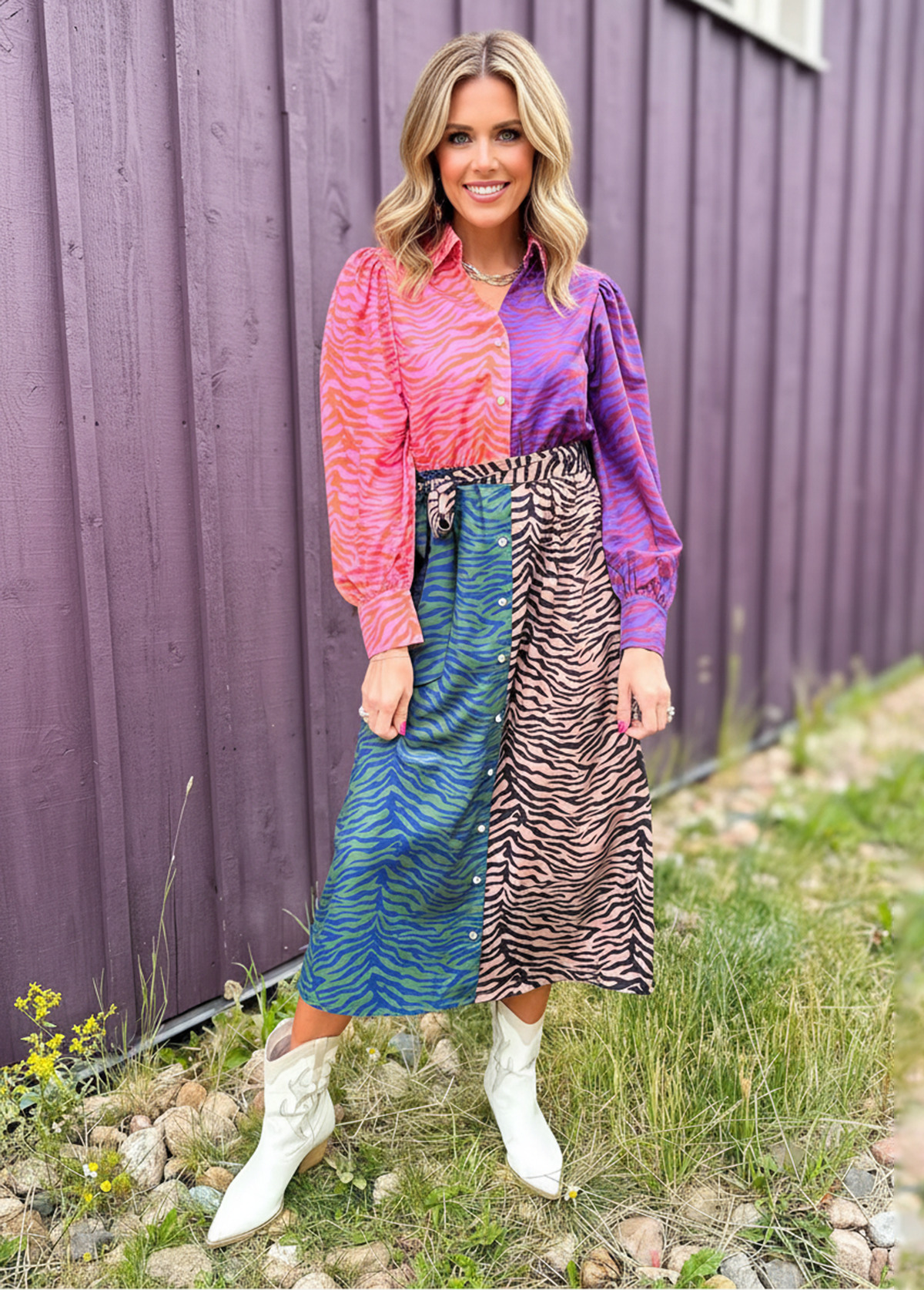 Mixed-Color Animal Print Dress With Puff Sleeves