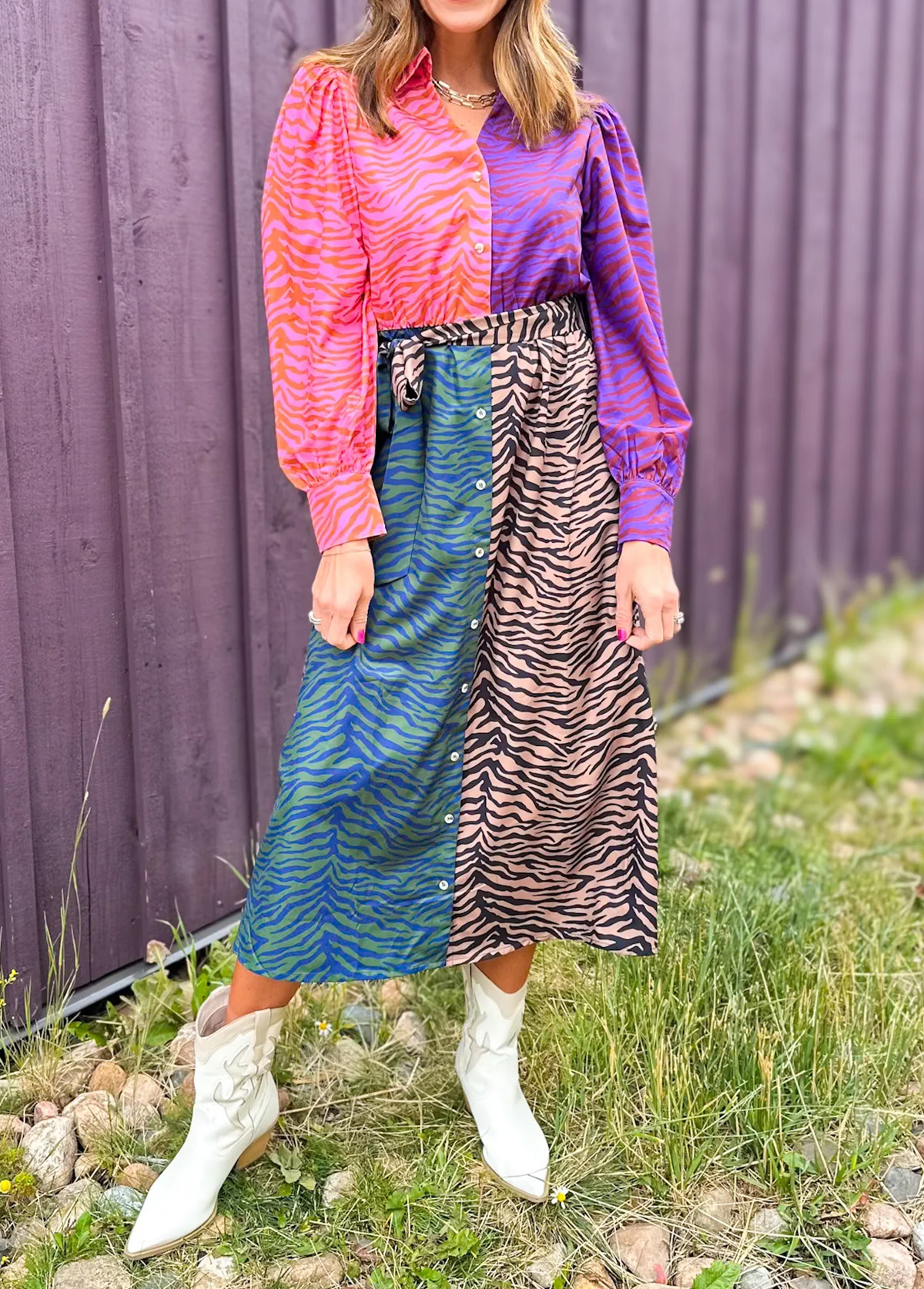 Mixed-Color Animal Print Dress With Puff Sleeves