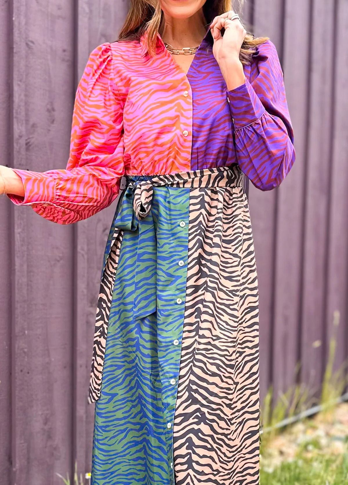 Mixed-Color Animal Print Dress With Puff Sleeves