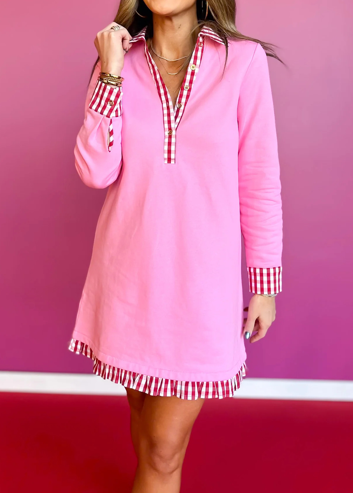 Sweet Plaid Ruffle Henley Sweatshirt Dress