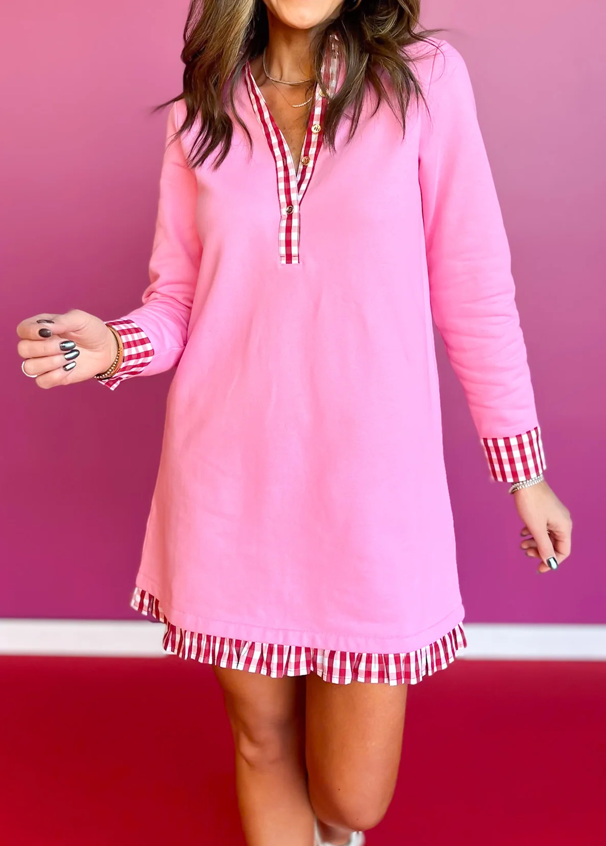 Sweet Plaid Ruffle Henley Sweatshirt Dress