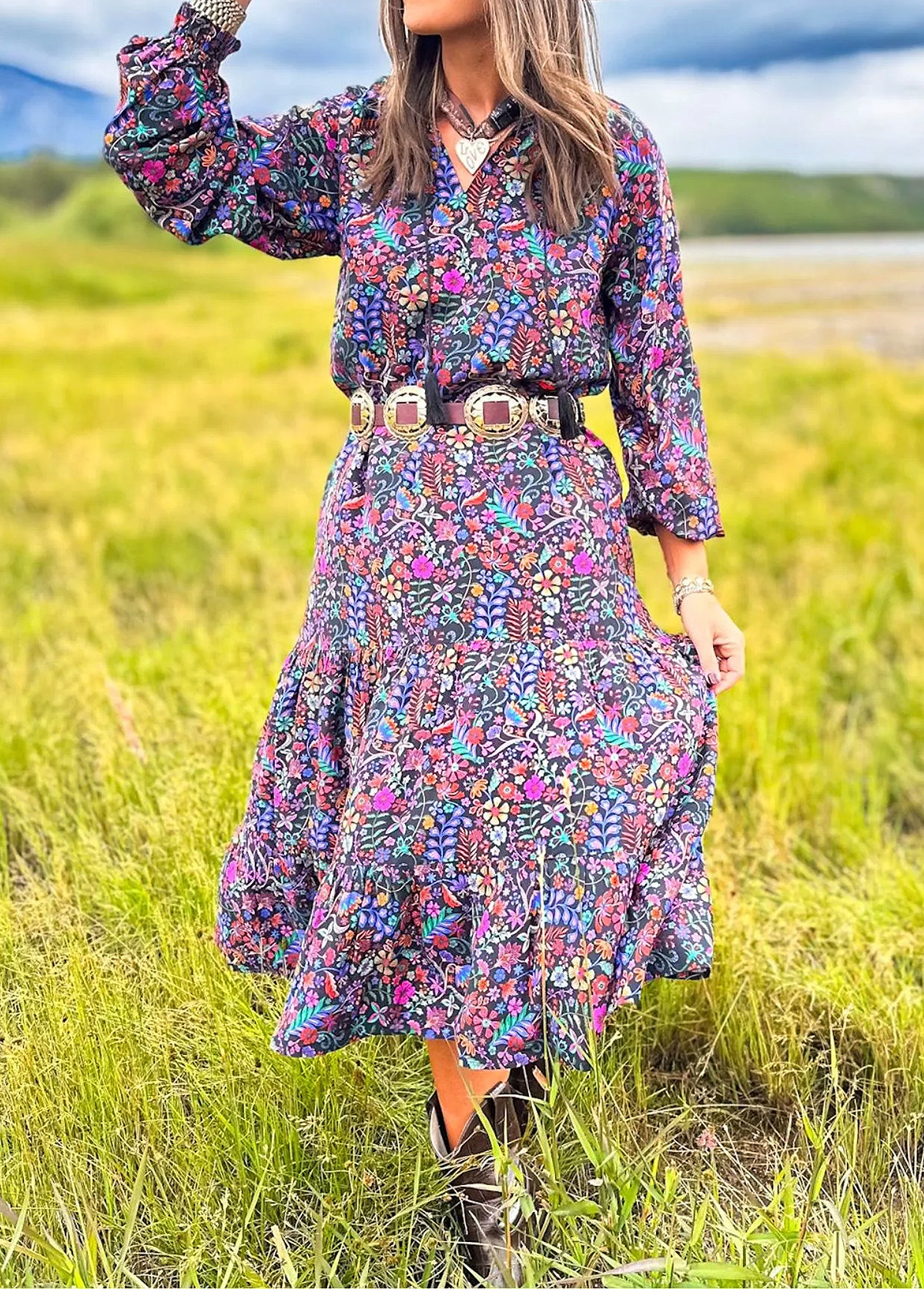 Flowy Pastoral-Style Floral Print Cake Dress