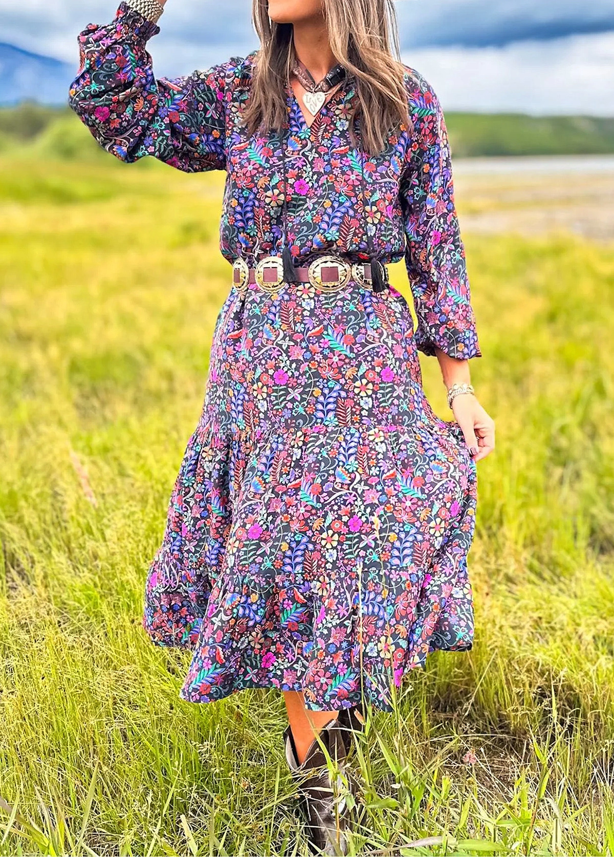 Flowy Pastoral-Style Floral Print Cake Dress