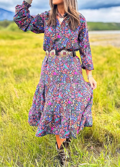 Flowy Pastoral-Style Floral Print Cake Dress