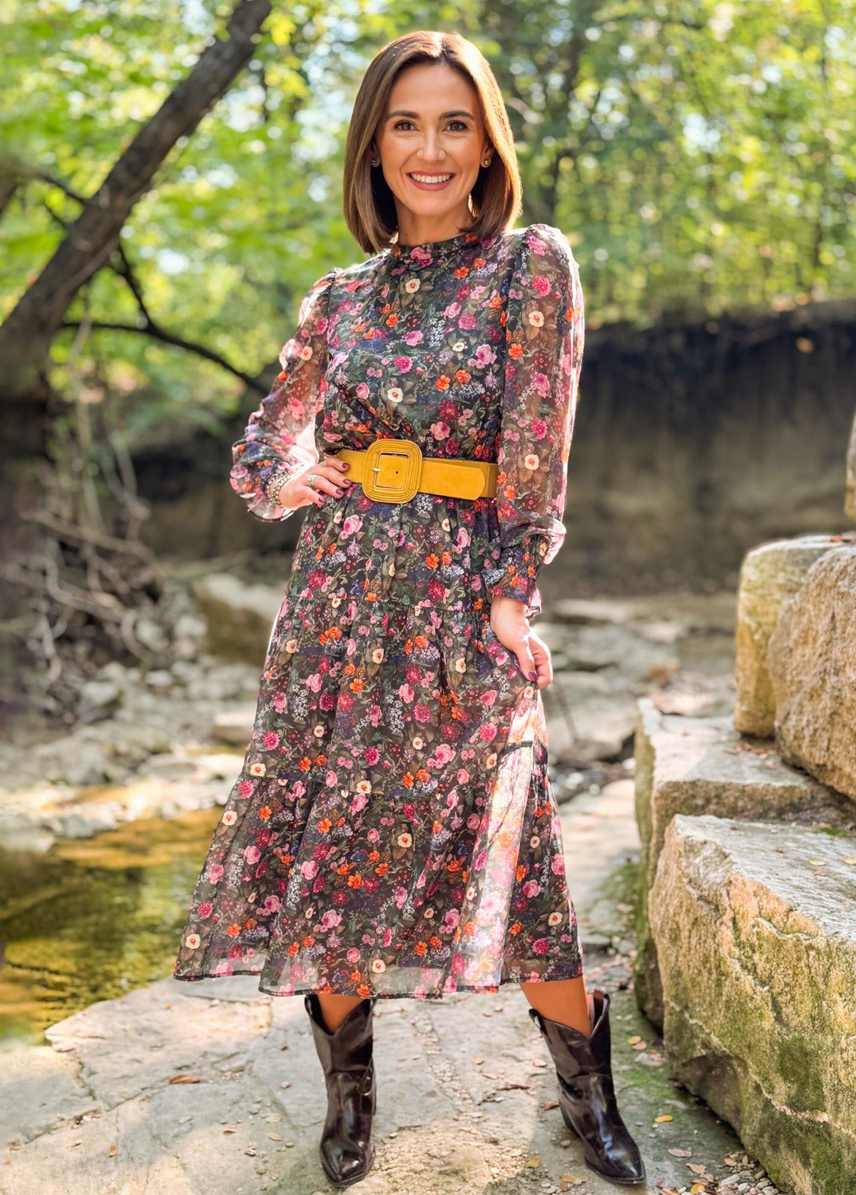 Flowing Sheer Floral Print Gathered Cuffs Dress