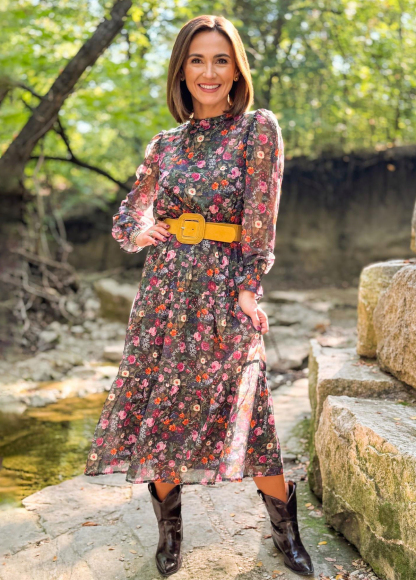 Flowing Sheer Floral Print Gathered Cuffs Dress