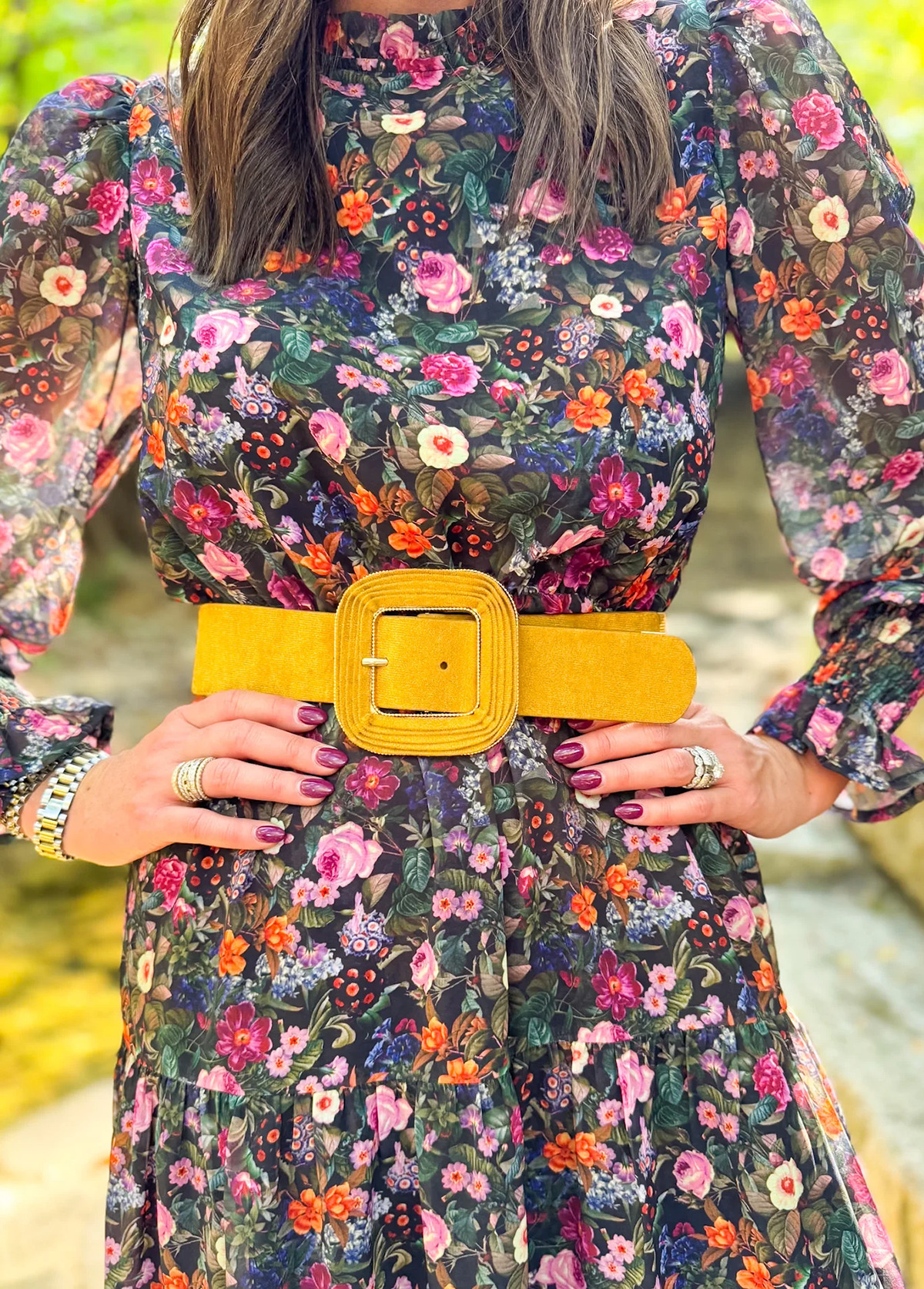 Flowing Sheer Floral Print Gathered Cuffs Dress