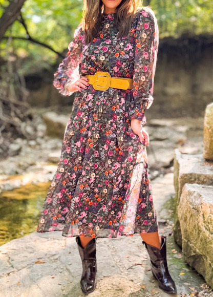 Flowing Sheer Floral Print Gathered Cuffs Dress