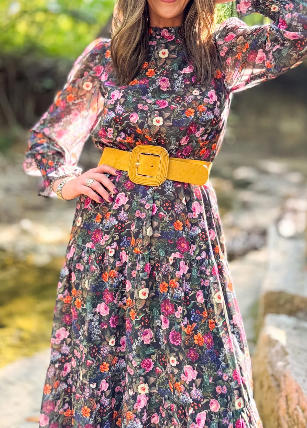 Flowing Sheer Floral Print Gathered Cuffs Dress