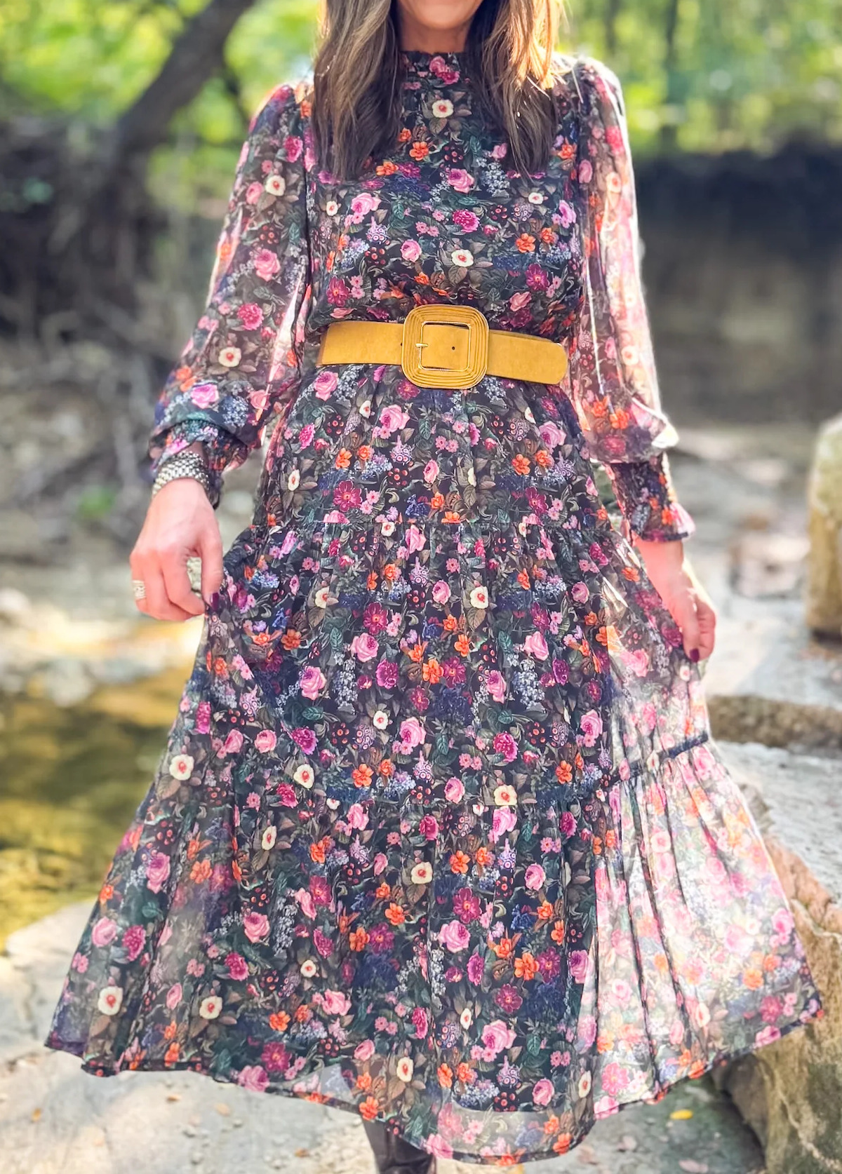 Flowing Sheer Floral Print Gathered Cuffs Dress