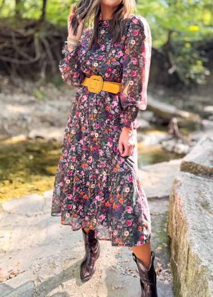 Flowing Sheer Floral Print Gathered Cuffs Dress