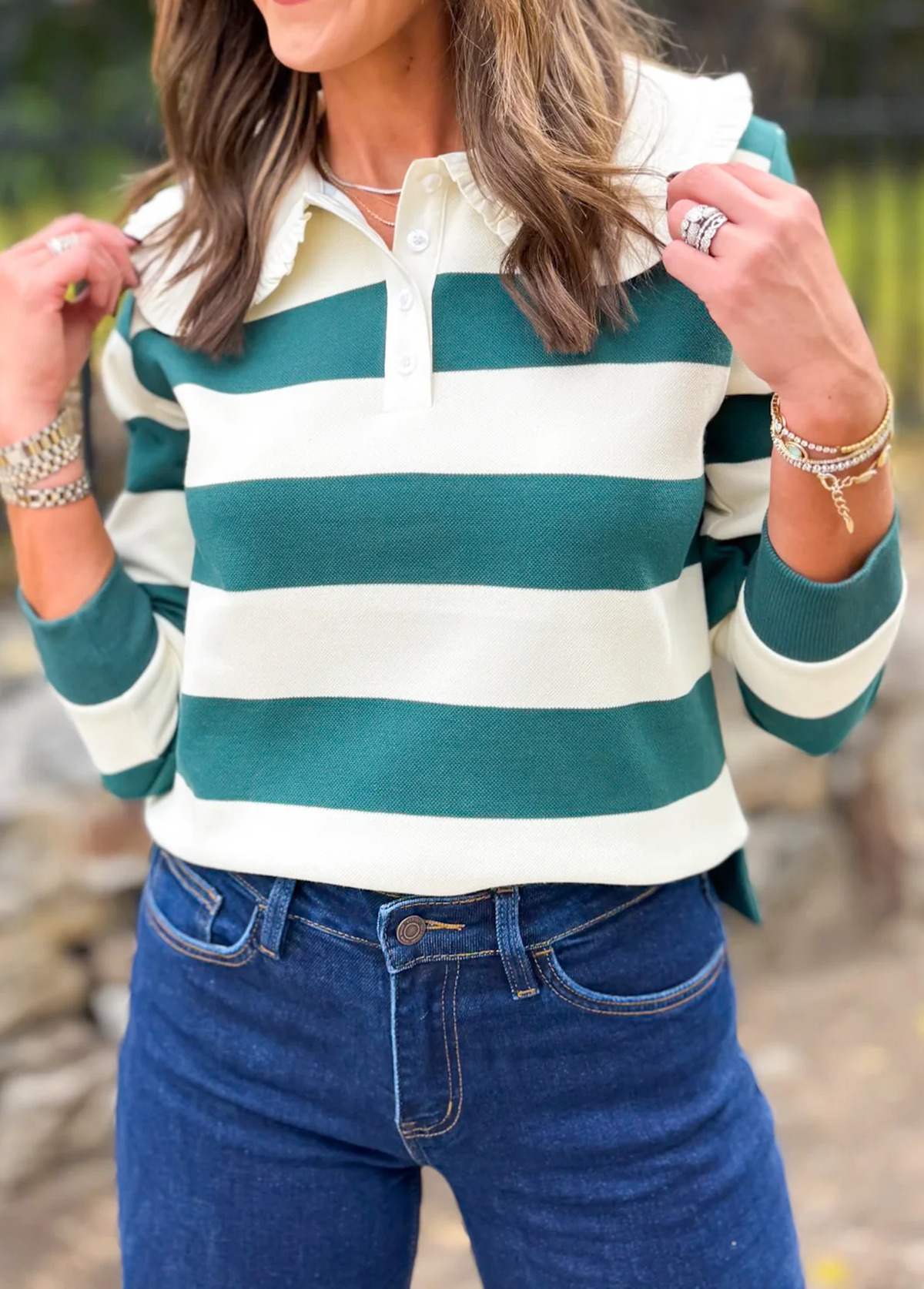 Sweet Doll Collar Color-Blocked Striped Pullover