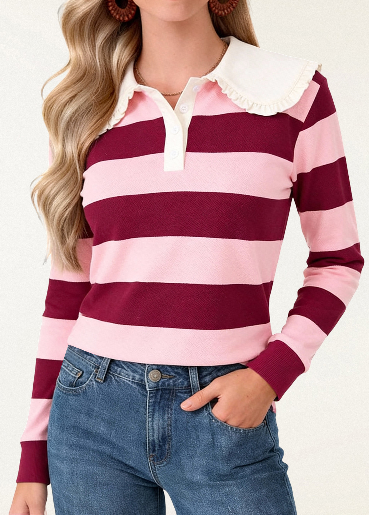 Sweet Doll Collar Color-Blocked Striped Pullover