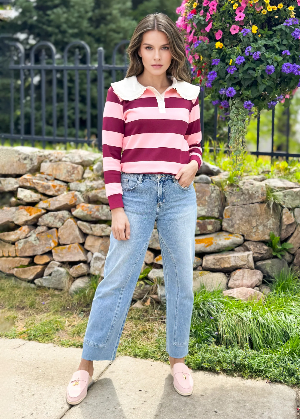 Sweet Doll Collar Color-Blocked Striped Pullover