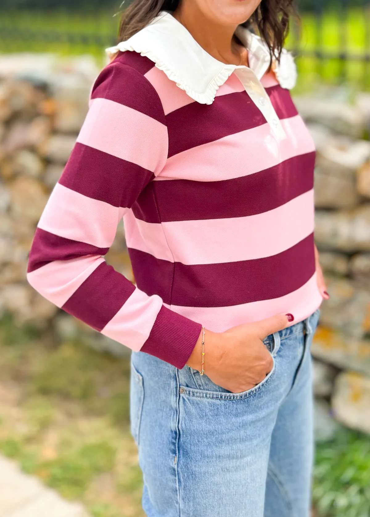 Sweet Doll Collar Color-Blocked Striped Pullover